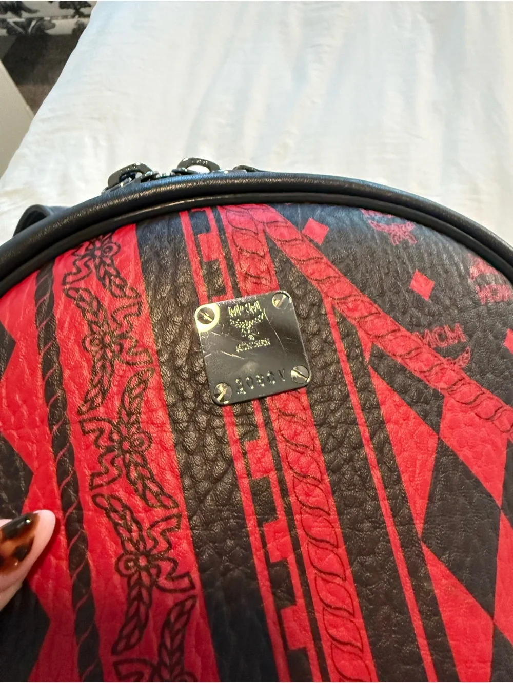 MCM Red & Black Baroque Pattern Leather Backpack Medium